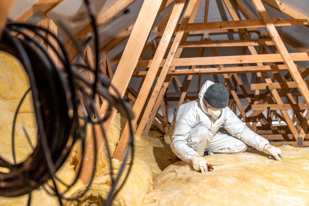 contractor installing insulation into the attic of home
