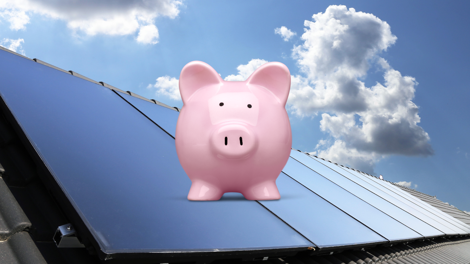 Piggy bank graphic atop image of residential solar panels