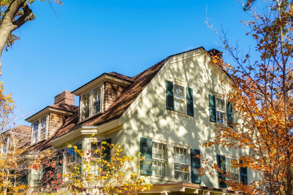 classic style american house surrounded by autumn leaves, Boston, Massachusetts, USA