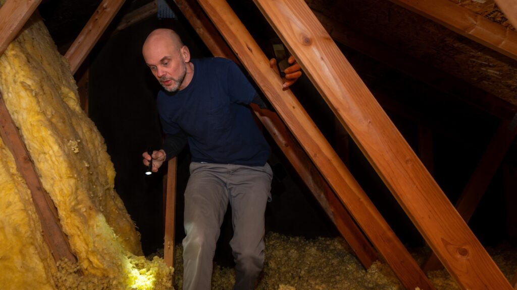 contractor inspecting attic insulation