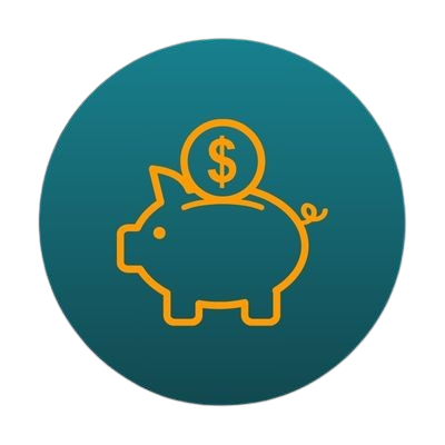 Icon with circle background using gradient of Neeeco brand colors and an orange piggy bank in front