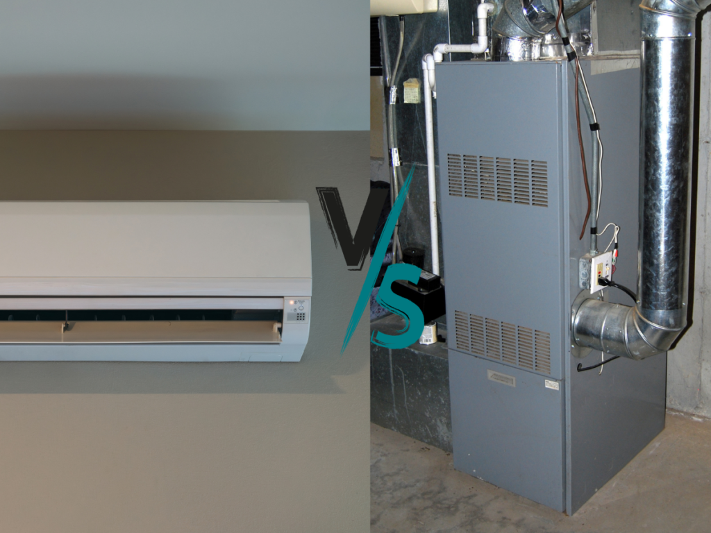 a verses image with a heat pump on the left and a furnace on the right