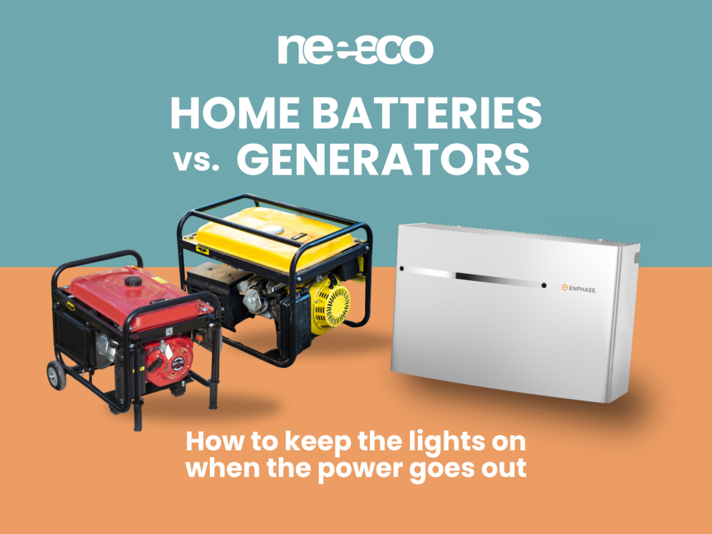 graphic that reads: home batteries vs generators: how to keep the lights on when the power goes out