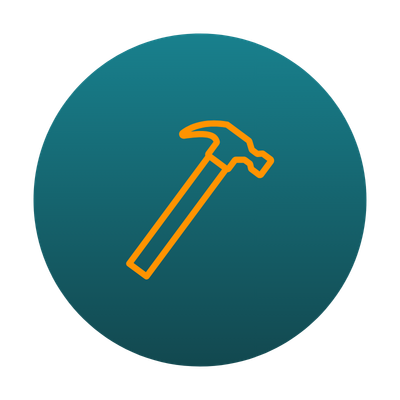 Icon with dark blue gradient background and orange hammer in foreground, showcasing durability