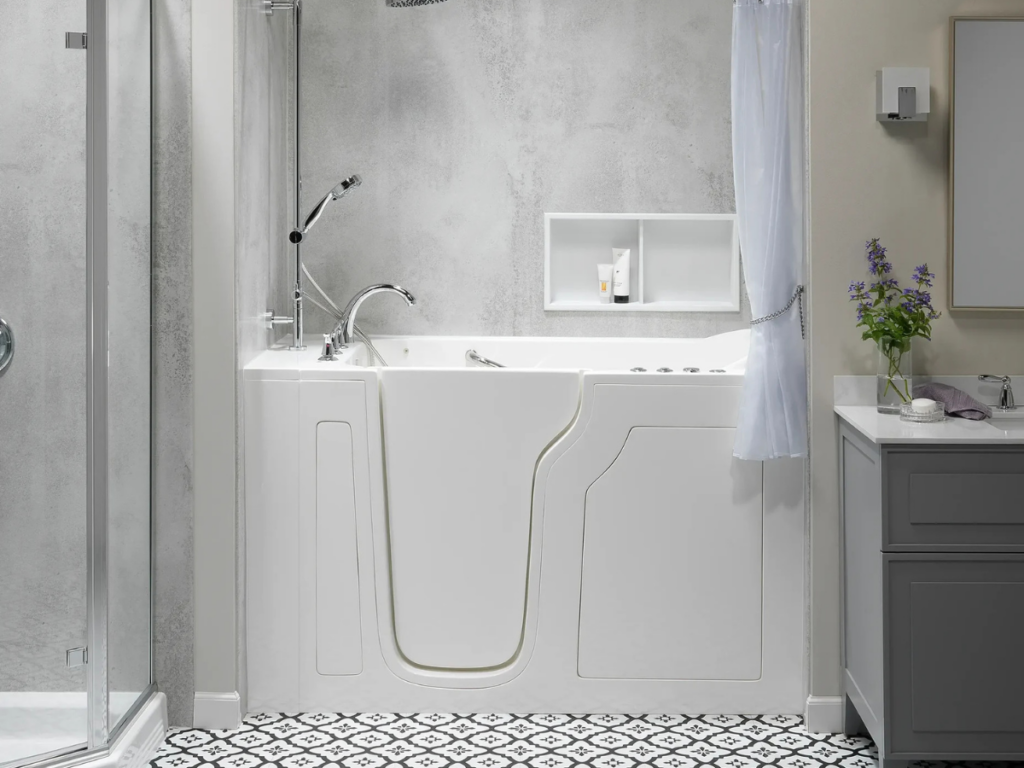 walk in bath in newly remodeled bathroom