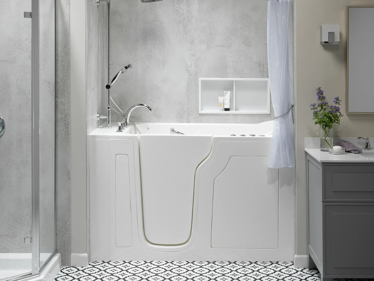 walk in bath in newly remodeled bathroom